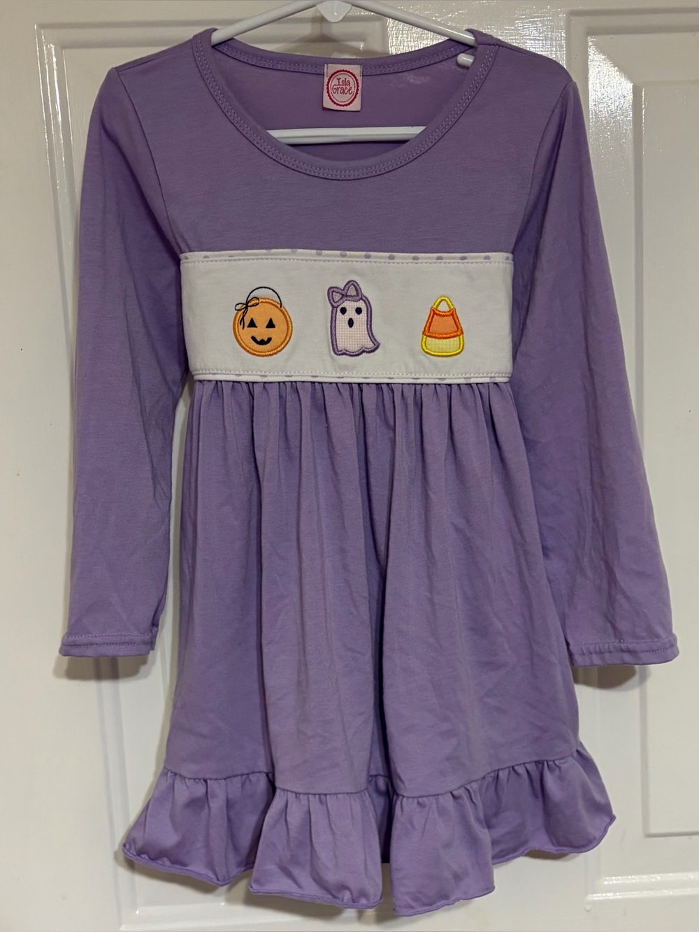 Isla Grace Girls Adorable/Festive Embroidered Knit Purple Halloween Dress 5-6